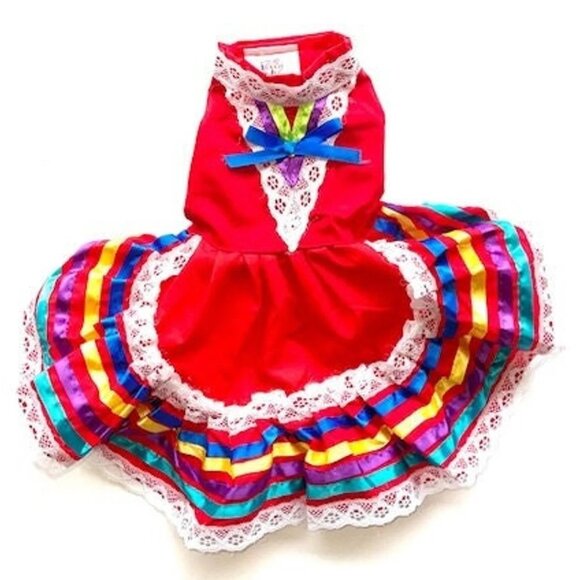 Red Tapatio Dress for Pets, Cats, Small Dogs, Mexican, Folkrorico, Cinco de Mayo - Picture 3 of 4